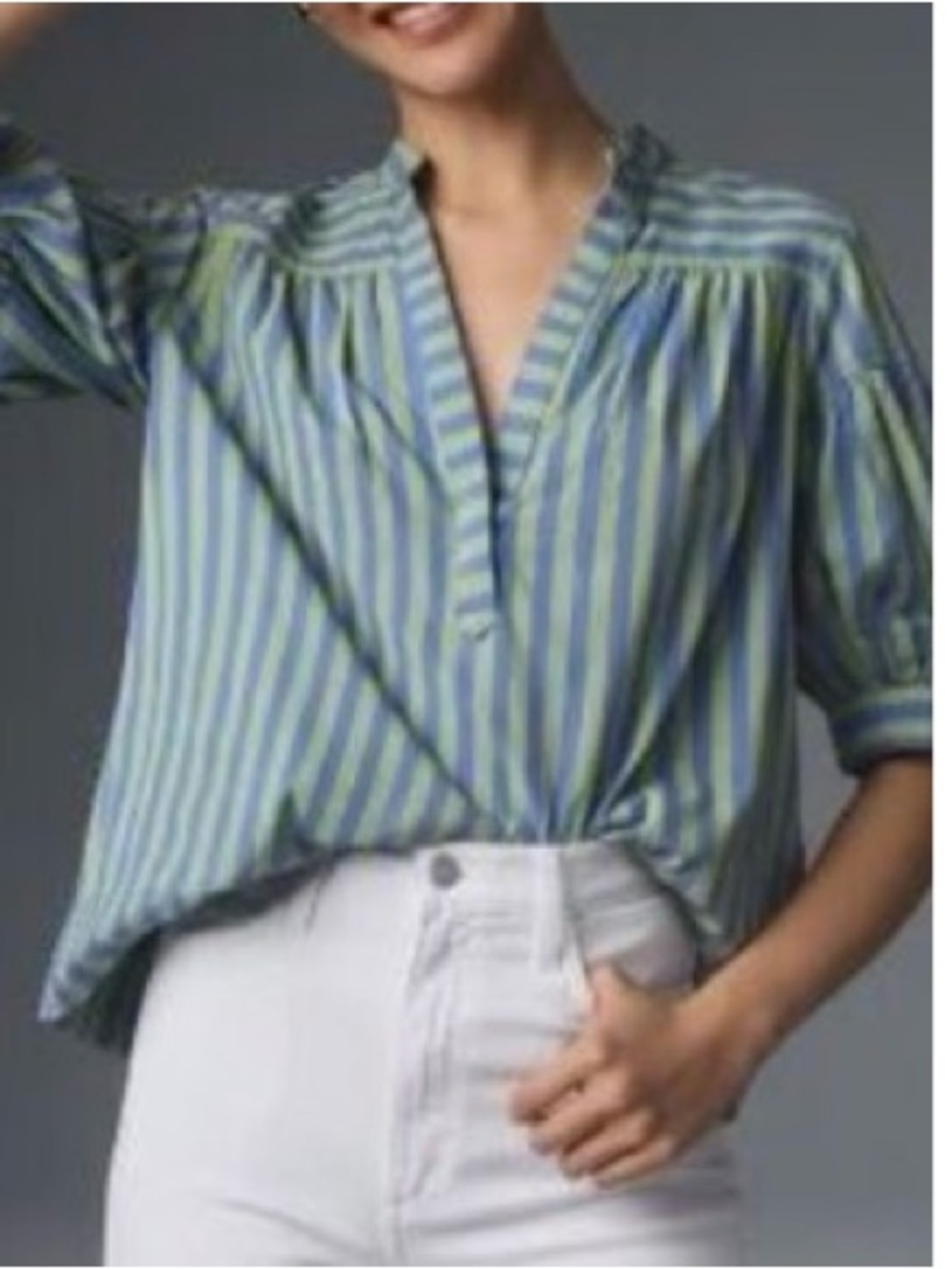 Anthropologie Darcey Striped Puff Sleeve Popover Top in Green/Blue- size MP